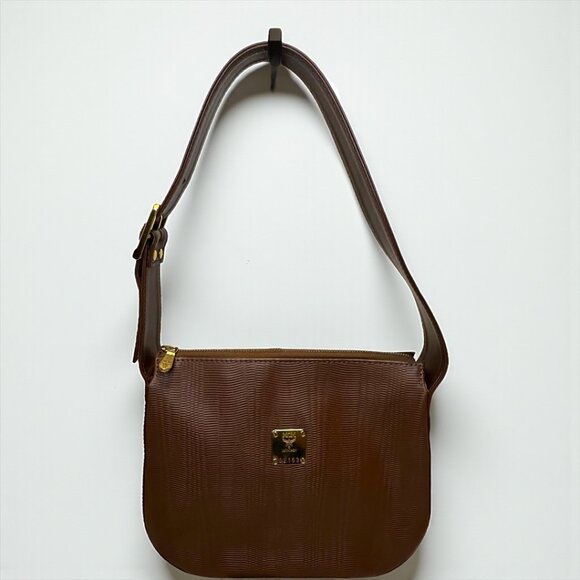 MCM Handbags - MCM Textured Brown Shoulder Bag with Gold Accents
